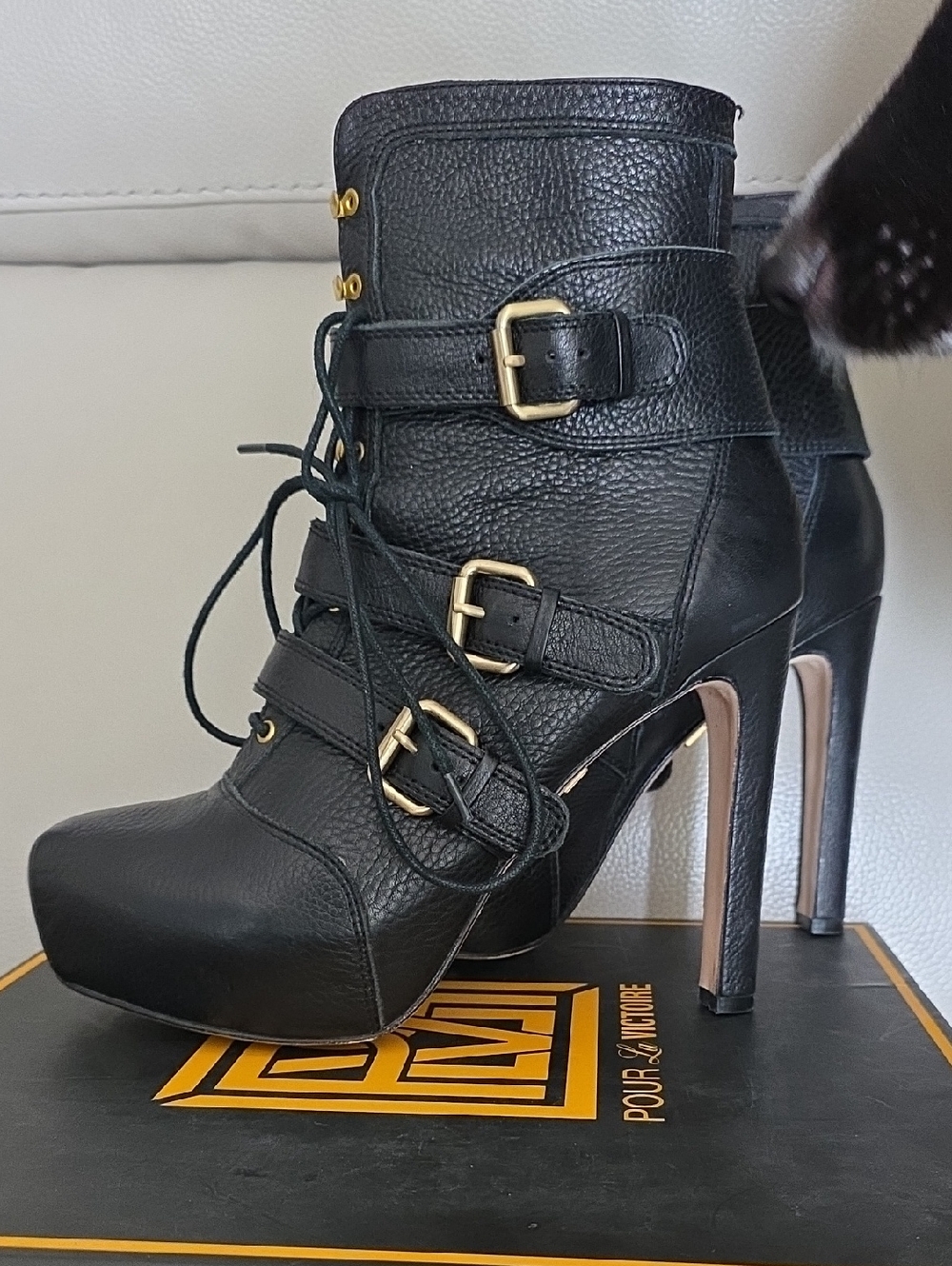 Pour La Victoire Black Leather Lace-Up Ankle Booties with Gold Buckles